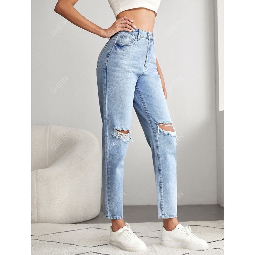 Shein Light Wash High Rise Straight Leg Mom Jeans Ripped Knee Large 30" - Picture 2 of 10